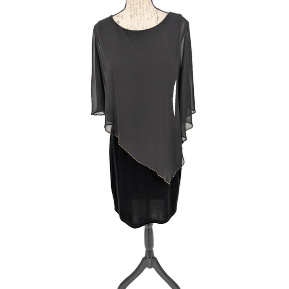 SLNY Dresses & Skirts - WHIMSY GOTH Black Velour Sheath Dress SIZE 6 Grunge Fairy Sheer Capelet